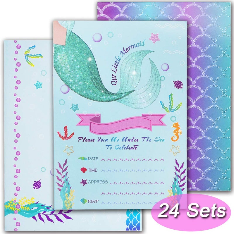 T-Antrix Mermaid Party Invitations, 24pcs Magical Glitter Fill in Mermaid Invitations with 24 Envelopes for Kids Girls Birthday Baby Shower Wedding Pool Mermaid Themed Party Supplies - Image 1